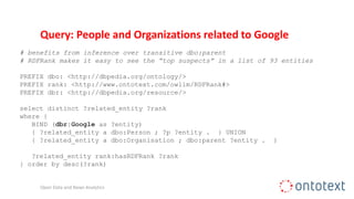Query: People and Organizations related to Google
# benefits from inference over transitive dbo:parent
# RDFRank makes it easy to see the “top suspects” in a list of 93 entities
PREFIX dbo: <http://dbpedia.org/ontology/>
PREFIX rank: <http://www.ontotext.com/owlim/RDFRank#>
PREFIX dbr: <http://dbpedia.org/resource/>
select distinct ?related_entity ?rank
where {
BIND (dbr:Google as ?entity)
{ ?related_entity a dbo:Person ; ?p ?entity . } UNION
{ ?related_entity a dbo:Organisation ; dbo:parent ?entity . }
?related_entity rank:hasRDFRank ?rank
} order by desc(?rank)
Open Data and News Analytics
 