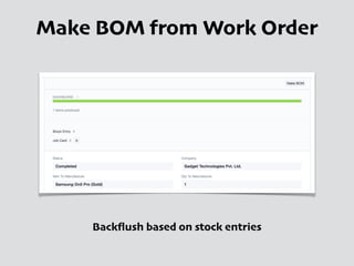 Make BOM from Work Order
Backﬂush based on stock entries
 