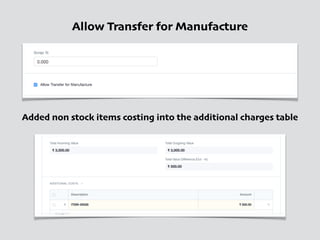 Added non stock items costing into the additional charges table
Allow Transfer for Manufacture
 