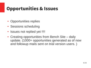 4 / 8
Opportunities & Issues
● Opportunities replies
● Sessions scheduling
● Issues not replied yet !!!!
● Creating opportunities from Bench Site – daily
update. (1000+ opportunities generated as of now
and followup mails sent on trial version users. )
 