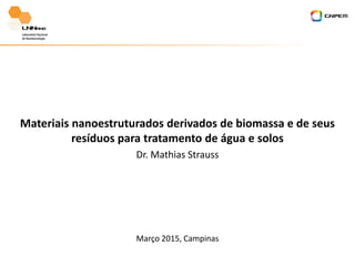 Março 2015, Campinas
Dr. Mathias Strauss
Materiais nanoestruturados derivados de biomassa e de seus
resíduos para tratamento de água e solos
 
