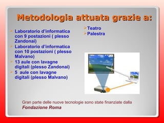 Metodologia attuata grazie a:Metodologia attuata grazie a:
 Laboratorio d’informatica
con 9 postazioni ( plesso
Zandonai)
 Laboratorio d’informatica
con 10 postazioni ( plesso
Malvano)
 13 aule con lavagne
digitali (plesso Zandonai)
 5 aule con lavagne
digitali (plesso Malvano)
Teatro
Palestra
Gran parte delle nuove tecnologie sono state finanziate dalla
Fondazione Roma
 