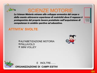 SCIENZE MOTORIE
ATTIVITA’ SVOLTE:
ALFABETIZAZIONE MOTORIA
PALLAVOLO
 MINI VOLLEY
Le Scienze Motorie mirano allo sviluppo armonico del corpo e
della mente attraverso esperienze di motricità dove il ragazzo è
protagonista del proprio lavoro proiettato nell’acquisizione di
competenze in ambito sportivo ed educativo.
ORGANIZZAZIONE DI CAMPI ESTIVI
E INOLTRE……
 