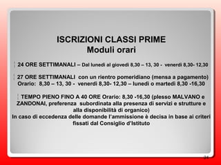 24
ISCRIZIONI CLASSI PRIME
Moduli orari
 24 ORE SETTIMANALI – Dal lunedì al giovedì 8,30 – 13, 30 - venerdì 8,30- 12,30
 27 ORE SETTIMANALI con un rientro pomeridiano (mensa a pagamento)
Orario: 8,30 – 13, 30 - venerdì 8,30- 12,30 – lunedì o martedì 8,30 -16,30
 TEMPO PIENO FINO A 40 ORE Orario: 8,30 -16,30 (plesso MALVANO e
ZANDONAI, preferenza subordinata alla presenza di servizi e strutture e
alla disponibilità di organico)
In caso di eccedenza delle domande l’ammissione è decisa in base ai criteri
fissati dal Consiglio d’Istituto
 