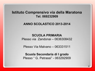 9
Istituto Comprensivo via della Maratona
Tel. 069232909
ANNO SCOLASTICO 2013-2014
SCUOLA PRIMARIA
Plesso via Zandonai – 0636308432
Plesso Via Malvano – 063331511
Scuola Secondaria di I grado
Plesso “ G. Petrassi” - 063292909
 