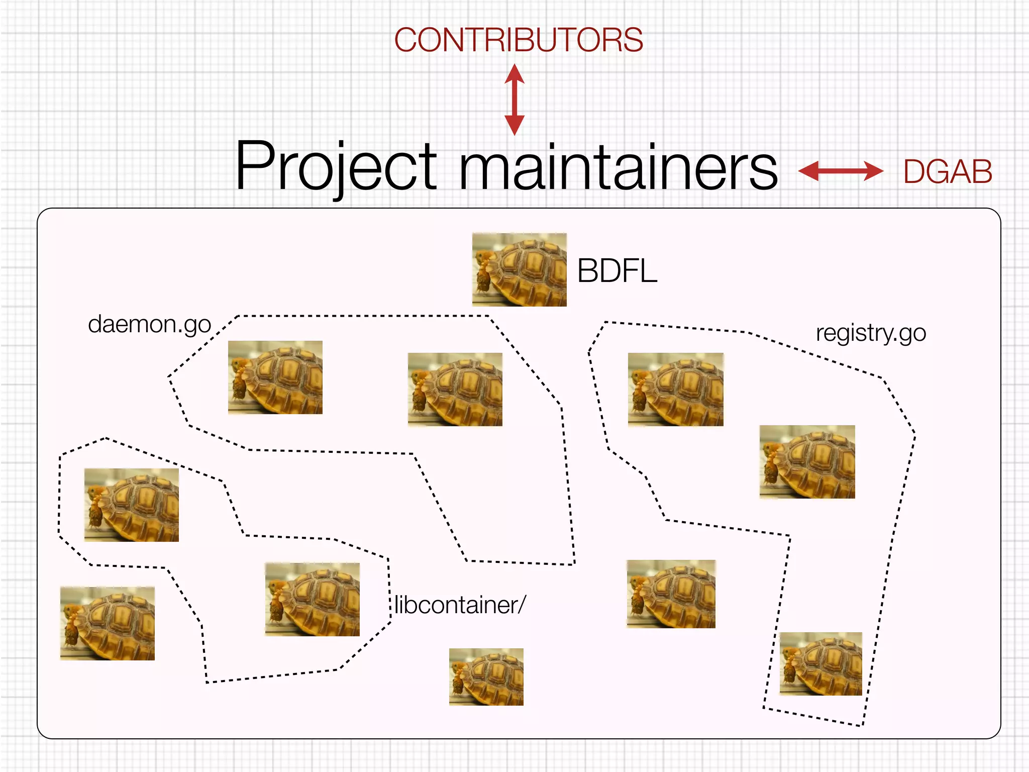 CONTRIBUTORS 
Project maintainers 
BDFL 
DGAB 
daemon.go registry.go 
libcontainer/ 
 