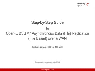 Step-by-Step Guide
to
Open-E DSS V7 Asynchronous Data (File) Replication
(File Based) over a WAN
Software Version: DSS ver. 7.00 up11

Presentation updated: July 2013
www.open-e.com

1

 