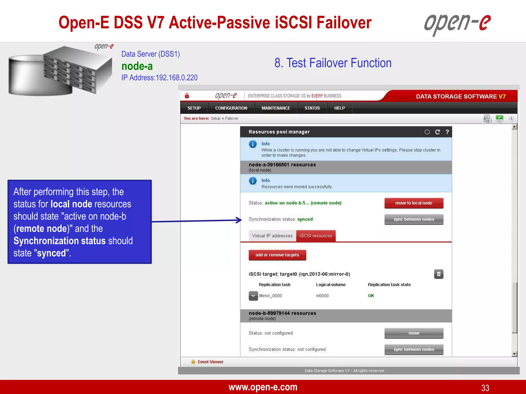 Open-E DSS V7 Active-Passive iSCSI Failover
Data Server (DSS1)

node-a

8. Test Failover Function

IP Address:192.168.0.220

After performing this step, the
status for local node resources
should state "active on node-b
(remote node)" and the
Synchronization status should
state "synced".

www.open-e.com

33

 