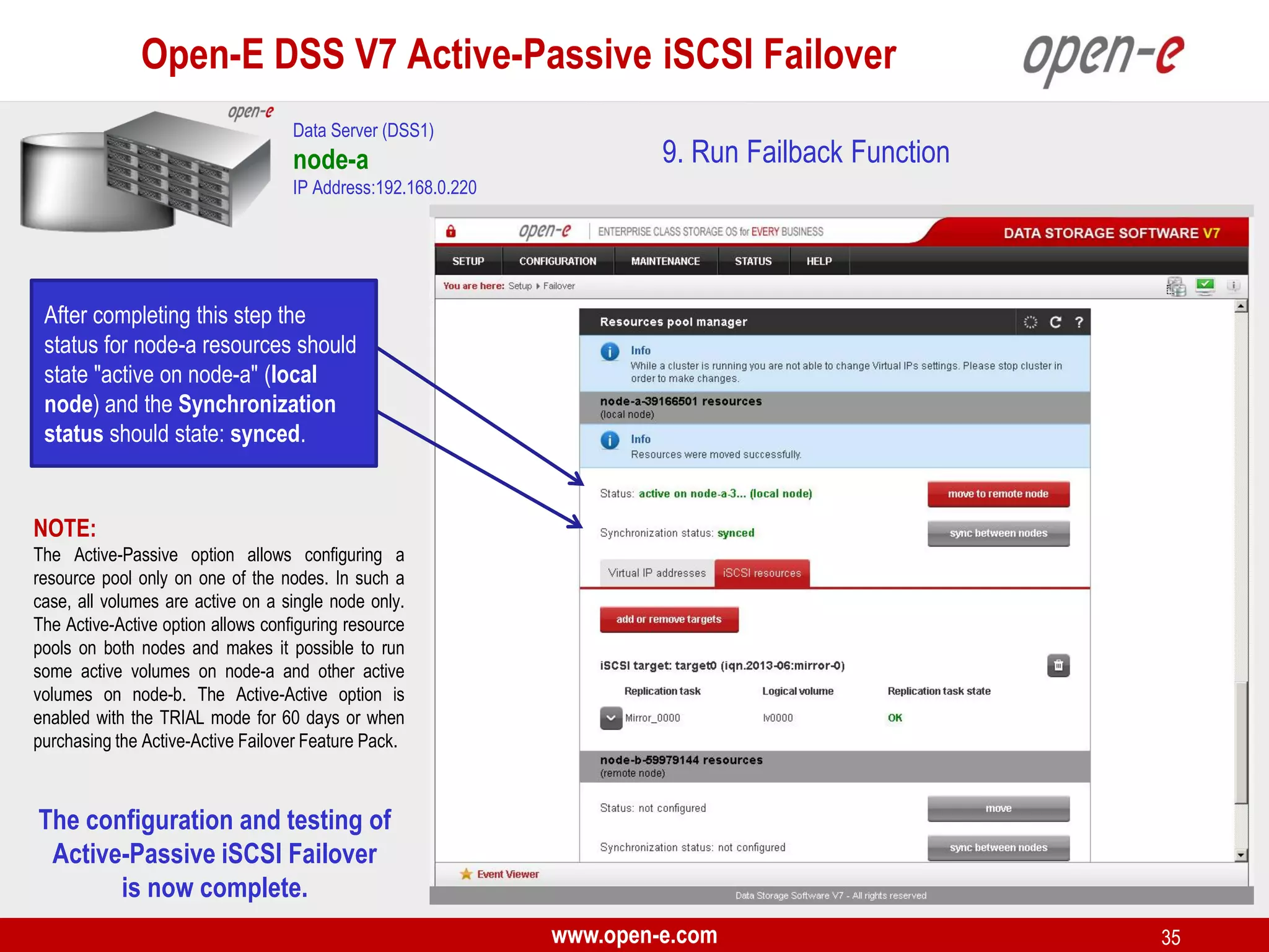 Open-E DSS V7 Active-Passive iSCSI Failover
Data Server (DSS1)

node-a

9. Run Failback Function

IP Address:192.168.0.220

After completing this step the
status for node-a resources should
state "active on node-a" (local
node) and the Synchronization
status should state: synced.

NOTE:
The Active-Passive option allows configuring a
resource pool only on one of the nodes. In such a
case, all volumes are active on a single node only.
The Active-Active option allows configuring resource
pools on both nodes and makes it possible to run
some active volumes on node-a and other active
volumes on node-b. The Active-Active option is
enabled with the TRIAL mode for 60 days or when
purchasing the Active-Active Failover Feature Pack.

The configuration and testing of
Active-Passive iSCSI Failover
is now complete.
www.open-e.com

35

 