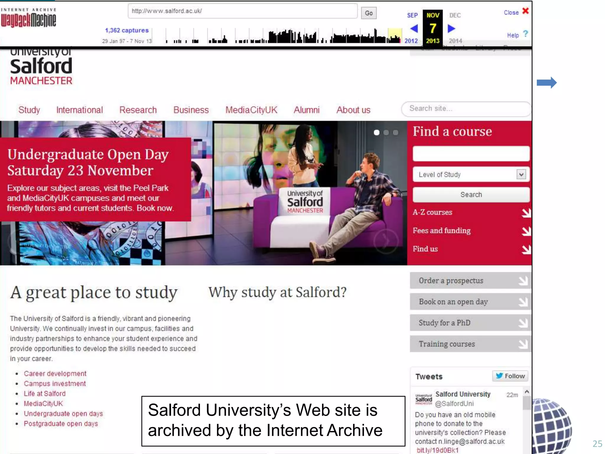Salford University‟s Web site is
archived by the Internet Archive

25

 