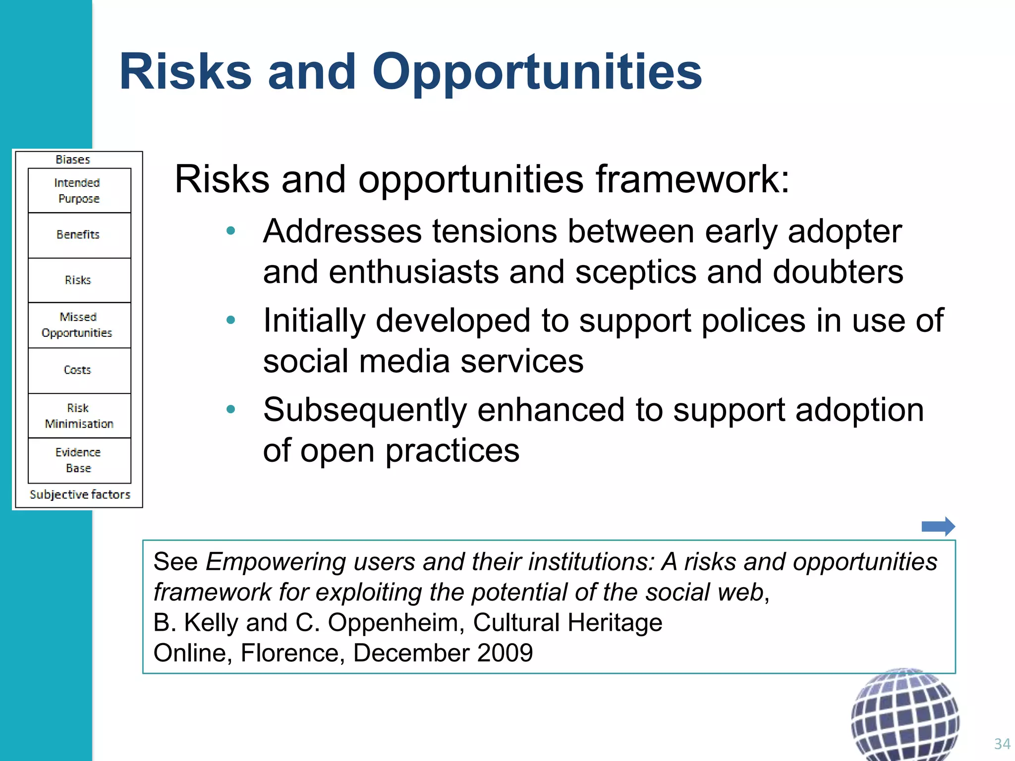 Risks and Opportunities
Risks and opportunities framework:
• Addresses tensions between early adopter
and enthusiasts and sceptics and doubters
• Initially developed to support polices in use of
social media services
• Subsequently enhanced to support adoption
of open practices
See Empowering users and their institutions: A risks and opportunities
framework for exploiting the potential of the social web,
B. Kelly and C. Oppenheim, Cultural Heritage
Online, Florence, December 2009

34

 