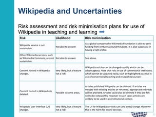 Wikipedia and Uncertainties
Risk assessment and risk minimisation plans for use of
Wikipedia in teaching and learning
Risk

Likelihood

Risk minimisation

Wikipedia service is not
sustainable.

Not able to answer.

As a global company the Wikimedia Foundation is able to seek
funding from ventures around the globe. It is also successful in
having a high profile.

Other Wikimedia services, such
as Wikimedia Commons, are not Not able to answer.
sustainable.

See above.

Content hosted in Wikipedia
changes.

Very likely, but a feature
not a risk!

Wikipedia articles can be changed rapidly, which can be
advantageous. Note that risks in use of conventional text books,
which cannot be updated easily, such be highlighted as a risk in
use of conventional teaching and research resources!

Content hosted in Wikipedia is
deleted.

Possible in some areas.

Articles published Wikipedia can be deleted. If articles are
merged with existing articles or renamed, appropriate redirects
will be provided. Articles could also be deleted if they are felt
not to be noteworthy. However in such cases articles are
unlikely to be used in an institutional context.

Wikipedia user interface (UI)
changes.

Very likely, but a feature
not a risk!

The UI for Wikipedia services can (and does) change. However
this is the norm for online services.
22

 