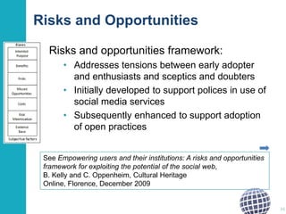 Risks and Opportunities
Risks and opportunities framework:
• Addresses tensions between early adopter
and enthusiasts and sceptics and doubters
• Initially developed to support polices in use of
social media services
• Subsequently enhanced to support adoption
of open practices
See Empowering users and their institutions: A risks and opportunities
framework for exploiting the potential of the social web,
B. Kelly and C. Oppenheim, Cultural Heritage
Online, Florence, December 2009

34

 