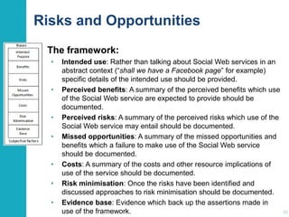 Risks and Opportunities
The framework:
•

•

•
•

•

•
•

Intended use: Rather than talking about Social Web services in an
abstract context (“shall we have a Facebook page” for example)
specific details of the intended use should be provided.
Perceived benefits: A summary of the perceived benefits which use
of the Social Web service are expected to provide should be
documented.
Perceived risks: A summary of the perceived risks which use of the
Social Web service may entail should be documented.
Missed opportunities: A summary of the missed opportunities and
benefits which a failure to make use of the Social Web service
should be documented.
Costs: A summary of the costs and other resource implications of
use of the service should be documented.
Risk minimisation: Once the risks have been identified and
discussed approaches to risk minimisation should be documented.
Evidence base: Evidence which back up the assertions made in
use of the framework.

35

 