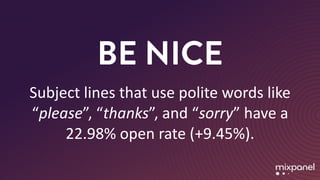 BE NICE
Subject	lines	that	use	polite	words	like	
“please”,	“thanks”,	and	“sorry”	have	a	
22.98%	open	rate	(+9.45%).
 