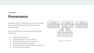 Provenance
All member sites of an MWF grid are part of a distributed
ledger system (blockchain) that maintain a copy of
tr...