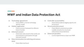 MWF and Indian Data Protection Act
● Technology agnosticism
○ Check (MWF is a formal, technology
agnostic model)
● Holisti...