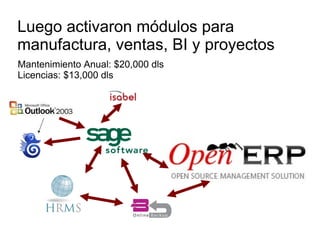 Luego activaron módulos para manufactura, ventas, BI y proyectos Mantenimiento Anual: $20,000 dls Licencias: $13,000 dls 