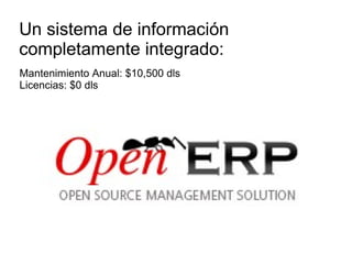 Un sistema de información completamente integrado: Mantenimiento Anual: $10,500 dls Licencias: $0 dls 