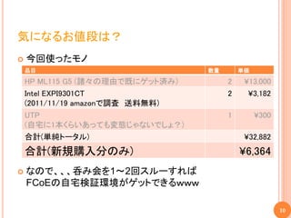 気になるお値段は？
   今回使ったモノ
    品目                            数量       単価

    HP ML115 G5 (諸々の理由で既にゲット済み)        2    ¥13,000
    Intel EXPI9301CT                   2     ¥3,182
    (2011/11/19 amazonで調査 送料無料)
    UTP                                1        ¥300
    (自宅に1本くらいあっても変態じゃないでしょ？)
    合計(単純トータル)                              ¥32,882
    合計(新規購入分のみ)                            ¥6,364
   なので、、、呑み会を1～2回スルーすれば
    FCoEの自宅検証環境がゲットできるｗｗｗ

                                                       10
 