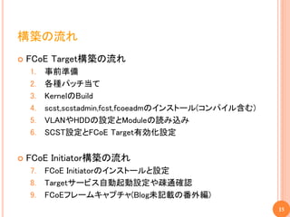 構築の流れ
   FCoE Target構築の流れ
    1.   事前準備
    2.   各種パッチ当て
    3.   KernelのBuild
    4.   scst,scstadmin,fcst,fcoeadmのインストール(コンパイル含む)
    5.   VLANやHDDの設定とModuleの読み込み
    6.   SCST設定とFCoE Target有効化設定


   FCoE Initiator構築の流れ
    7.   FCoE Initiatorのインストールと設定
    8.   Targetサービス自動起動設定や疎通確認
    9.   FCoEフレームキャプチャ(Blog未記載の番外編)
                                                       15
 