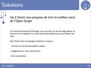 Solutions

       Up 2 Social vous propose de tirer le meilleur parti
       de l’Open Graph


       Ce nouvel outil permet d’interagir avec un proﬁl ou une fan page depuis un
       site tiers. Il correspond à un pack de fonctionnalités fourni aux éditeurs de
       sites.

       Up 2 Social vous accompagne à plusieurs niveaux :

       - Conseil sur les fonctionnalités à utiliser

       - Intégration sur votre site Internet

       - Suivi et évolution



UP 2 SOCIAL                                                                            15
 