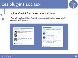 Les plug-ins sociaux
        Le ﬂux d’activité et de recommandations
        - Pour offrir de la visibilité à l’activité (recommandations, likes ou partages) de
        la communauté sur un site




UP 2 SOCIAL                                                                                   18
 