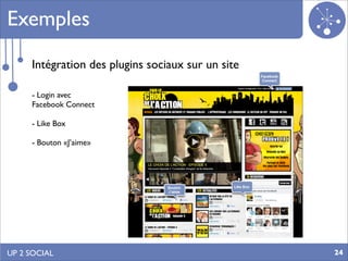 Exemples
     Intégration des plugins sociaux sur un site

     - Login avec
     Facebook Connect

     - Like Box

     - Bouton «J’aime»




UP 2 SOCIAL                                        24
 