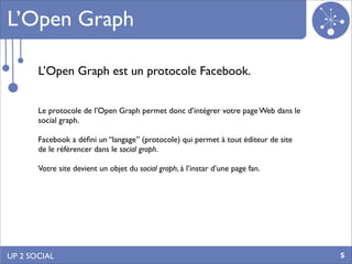 L’Open Graph

       L’Open Graph est un protocole Facebook.


       Le protocole de l’Open Graph permet donc d’intégrer votre page Web dans le
       social graph.

       Facebook a déﬁni un “langage” (protocole) qui permet à tout éditeur de site
       de le référencer dans le social graph.

       Votre site devient un objet du social graph, à l’instar d’une page fan.




UP 2 SOCIAL                                                                          5
 