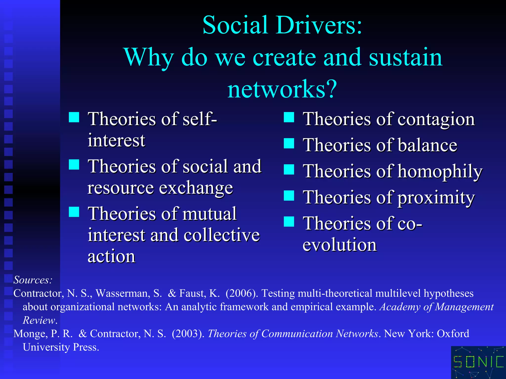 Social Drivers: Why do we create and sustain networks? Theories of self-interest Theories of social and resource exchange Theories of mutual interest and collective action Theories of contagion Theories of balance Theories of homophily Theories of proximity Theories of co-evolution Sources:  Contractor, N. S., Wasserman, S.  & Faust, K.  (2006). Testing multi-theoretical multilevel hypotheses about organizational networks: An analytic framework and empirical example.  Academy of Management Review .  Monge, P. R.  & Contractor, N. S.  (2003).  Theories of Communication Networks . New York: Oxford University Press. 