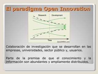 El paradigma Open Innovation Colaboración de investigación que se desarrollan en las empresas, universidades, sector público y, usuarios. Parte de la premisa de que el conocimiento y la información son abundantes y ampliamente distribuidos. 