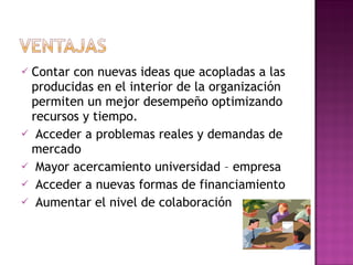 Contar con nuevas ideas que acopladas a las producidas en el interior de la organización permiten un mejor desempeño optimizando recursos y tiempo. Acceder a problemas reales y demandas de mercado Mayor acercamiento universidad – empresa Acceder a nuevas formas de financiamiento Aumentar el nivel de colaboración 