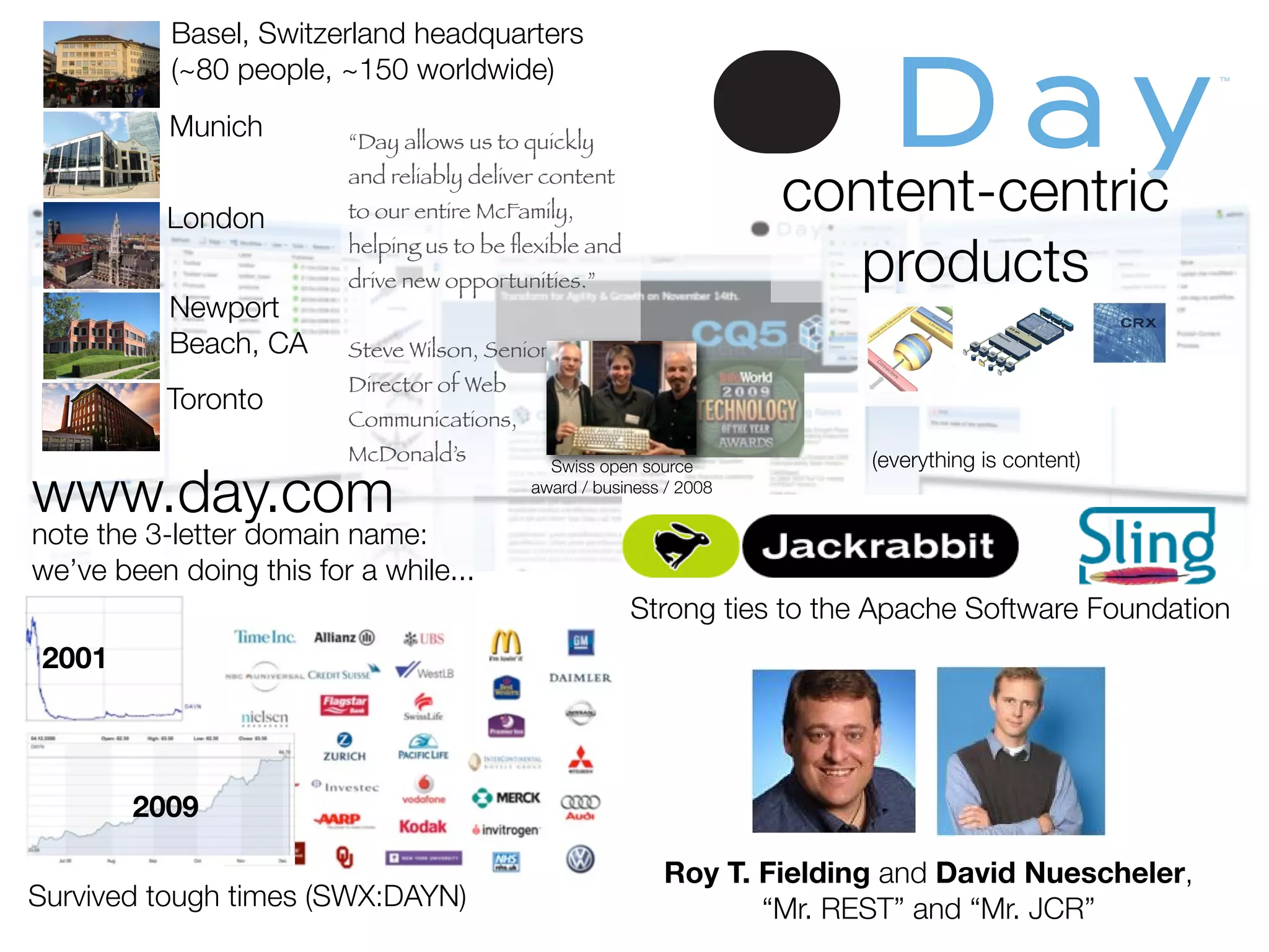 Basel, Switzerland headquarters
           (~80 people, ~150 worldwide)
           Munich        “Day allows us to quickly


          London
                         and reliably deliver content
                         to our entire McFamily,                      content-centric
                         helping us to be ﬂexible and
                         drive new opportunities.”                      products
           Newport
           Beach, CA     Steve Wilson, Senior
                         Director of Web
          Toronto
                         Communications,
                         McDonald’s                                       (everything is content)

www.day.com
                                              Swiss open source
                                            award / business / 2008

note the 3-letter domain name:
we’ve been doing this for a while...
                                                        Strong ties to the Apache Software Foundation
2001

2001



        2009

                                                            Roy T. Fielding and David Nuescheler,
Survived tough times (SWX:DAYN)                                    “Mr. REST” and “Mr. JCR”
 