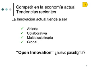 Competir en la economía actual  Tendencias recientes <ul><li>La Innovación actual tiende a ser </li></ul><ul><ul><ul><li>A...