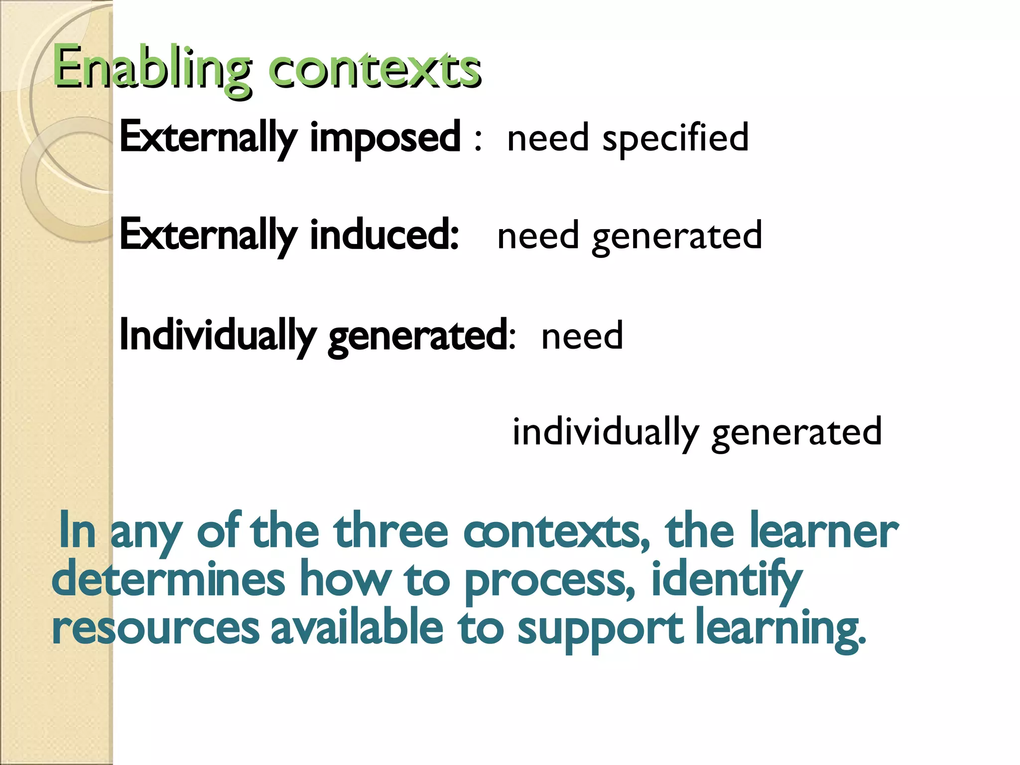 Enabling contexts Externally imposed  :  need specified Externally induced:  need generated Individually generated :  need  individually generated In any of the three contexts, the learner determines how to process, identify resources available to support learning . 