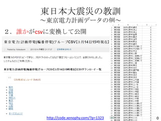 東日本大震災の教訓
～東京電力計画データの例～
２．誰かがcsvに変換して公開

http://code.xenophy.com/?p=1323

10

 