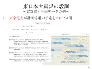 東日本大震災の教訓
～東京電力計画データの例～
１．東京電力が計画停電の予定をPDFで公開

9

 