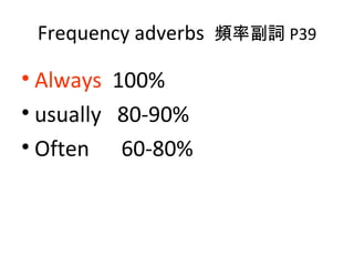 Frequency adverbs  頻率副詞 P39 Always   100% usually  80-90% Often  60-80% 