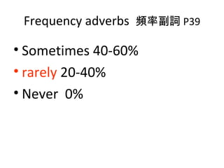 Frequency adverbs  頻率副詞 P39 Sometimes 40-60% rarely  20-40% Never  0% 
