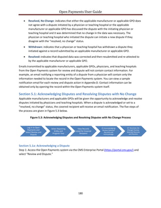Open Payments User Guide
• Resolved, No Change: indicates that either the applicable manufacturer or applicable GPO does
not agree with a dispute initiated by a physician or teaching hospital or the applicable
manufacturer or applicable GPO has discussed the dispute with the initiating physician or
teaching hospital and it was determined that no change in the data was necessary. The
physician or teaching hospital who initiated the dispute can initiate a new dispute if they
disagree with the “resolved, no change” status.
• Withdrawn: indicates that a physician or teaching hospital has withdrawn a dispute they
initiated against a record submitted by an applicable manufacturer or applicable GPO.
• Resolved: indicates that disputed data was corrected and then resubmitted and re-attested to
by the applicable manufacturer or applicable GPO.
Emails transmitted to applicable manufacturers, applicable GPOs, physicians, and teaching hospitals
from the Open Payments system for review and dispute will not contain contact information. For
example, an email notifying a reporting entity of a dispute from a physician will contain only the
information needed to locate the record in the Open Payments system. You can view a sample
notification email for each review and dispute action in Appendix D. Contact information can be
obtained only by opening the record within the Open Payments system itself.
Section 5.1: Acknowledging Disputes and Resolving Disputes with No Change
Applicable manufacturers and applicable GPOs will be given the opportunity to acknowledge and resolve
disputes initiated by physicians and teaching hospitals. When a dispute is acknowledged or set to a
“resolved, no change” status, the covered recipient will receive an email notification. The five steps of
the process are given in Figure 5.3 below.
Figure 5.3: Acknowledging Disputes and Resolving Disputes with No Change Process
Section 5.1a: Acknowledging a Dispute
Step 1: Access the Open Payments system via the CMS Enterprise Portal (https://portal.cms.gov/) and
select “Review and Dispute.”
Log in to Open
Payments and
Select Review and
Dispute
Select Reporting
Entity and
Program Year
View Records
Listed for Covered
Recipient
[If Acknowledging]
Review Selected
Records and
Acknowledge
[If Resolved, No
Change] Review
Selected Records
and Resolve
180
 