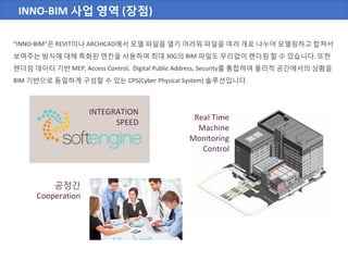 INNO-BIM 사업 영역 (장점)
“INNO-BIM”은 REVIT이나 ARCHICAD에서 모델 파일을 열기 어려워 파일을 여러 개로 나누어 모델링하고 합쳐서
보여주는 방식에 대해 특화된 엔진을 사용하여 최대 30G의 BIM 파일도 무리없이 랜더링 할 수 있습니다. 또한
렌더링 데이터 기반 MEP, Access Control, Digital Public Address, Security를 통합하여 물리적 공간에서의 상황을
BIM 기반으로 동일하게 구성할 수 있는 CPS(Cyber Physical System) 솔루션입니다.
INTEGRATION
SPEED
Real Time
Machine
Monitoring
Control
공정간
Cooperation
 