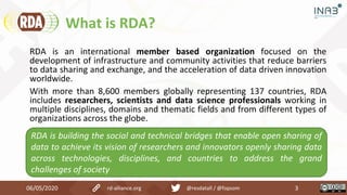 What is RDA?
RDA is an international member based organization focused on the
development of infrastructure and community ...