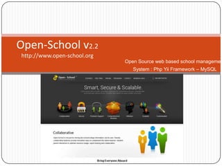 Open-School v2.2
http://www.open-school.org
                             Open Source web based school managemen
                                System : Php Yii Framework – MySQL
 