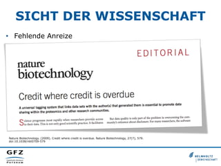 SICHT DER WISSENSCHAFT
•  Fehlende Anreize
Nature Biotechnology. (2009). Credit where credit is overdue. Nature Biotechnol...