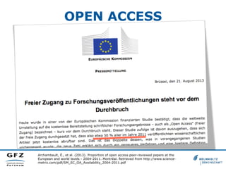 OPEN ACCESS

Archambault, É., et al. (2013). Proportion of open access peer-reviewed papers at the
European and world levels - 2004-2011. Montréal. Retrieved from http://www.sciencemetrix.com/pdf/SM_EC_OA_Availability_2004-2011.pdf

 