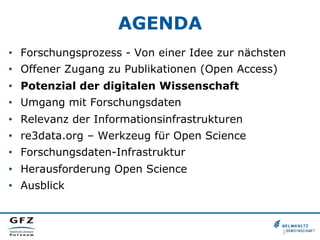 AGENDA
•  Forschungsprozess - Von einer Idee zur nächsten
•  Offener Zugang zu Publikationen (Open Access)
•  Potenzial der digitalen Wissenschaft
•  Umgang mit Forschungsdaten
•  Relevanz der Informationsinfrastrukturen
•  re3data.org – Werkzeug für Open Science
•  Forschungsdaten-Infrastruktur
•  Herausforderung Open Science
•  Ausblick

 