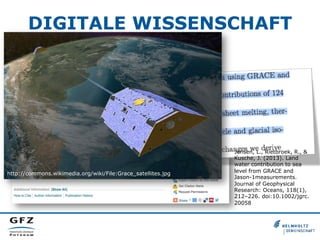 DIGITALE WISSENSCHAFT
•  „Data-Intensive Scientific Discovery“

http://commons.wikimedia.org/wiki/File:Grace_satellites.jpg

Jensen, L., Rietbroek, R., &
Kusche, J. (2013). Land
water contribution to sea
level from GRACE and
Jason-1measurements.
Journal of Geophysical
Research: Oceans, 118(1),
212–226. doi:10.1002/jgrc.
20058

 