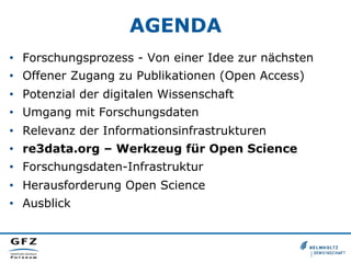 AGENDA
•  Forschungsprozess - Von einer Idee zur nächsten
•  Offener Zugang zu Publikationen (Open Access)
•  Potenzial der digitalen Wissenschaft
•  Umgang mit Forschungsdaten
•  Relevanz der Informationsinfrastrukturen
•  re3data.org – Werkzeug für Open Science
•  Forschungsdaten-Infrastruktur
•  Herausforderung Open Science
•  Ausblick

 