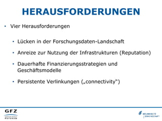 HERAUSFORDERUNGEN
•  Vier Herausforderungen
•  Lücken in der Forschungsdaten-Landschaft
•  Anreize zur Nutzung der Infrastrukturen (Reputation)
•  Dauerhafte Finanzierungsstrategien und
Geschäftsmodelle
•  Persistente Verlinkungen („connectivity“)

 