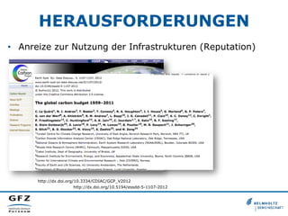 HERAUSFORDERUNGEN
•  Anreize zur Nutzung der Infrastrukturen (Reputation)

http://dx.doi.org/10.3334/CDIAC/GCP_V2012
http://dx.doi.org/10.5194/essdd-5-1107-2012

 
